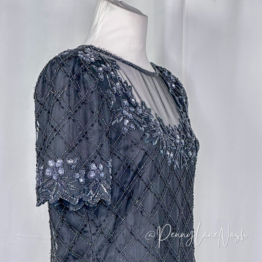 Stenay Vintage 80'S Floral Sequin Beaded Mesh Trim Blouse Black - Picture 7 of 14